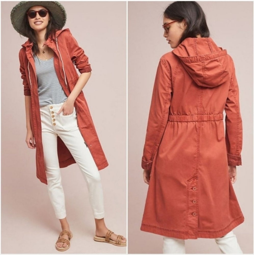 Anthropologie Long Line Anorak Cinched Waist Light Weight Hooded Trench Jacket
